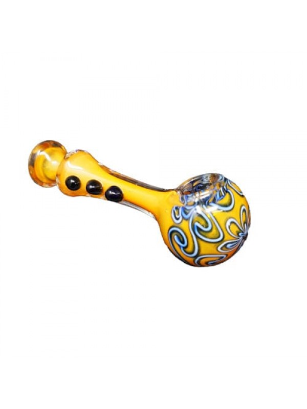 Yellow Handmade Glass Hand Pipe w- Blue Threaded A...